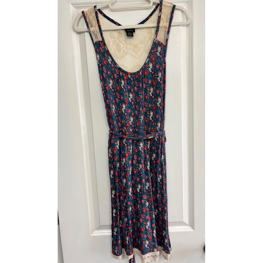 Rue21 Womens Floral Lace Trim Sleeveless Midi Dress Teal Blue Red Small Cottage